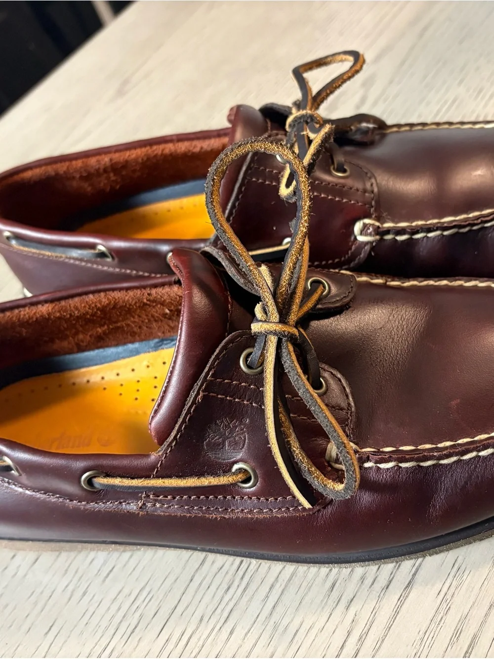 Timberland Men's Dark Burgundy Leather Boat Shoes with Tan Laces